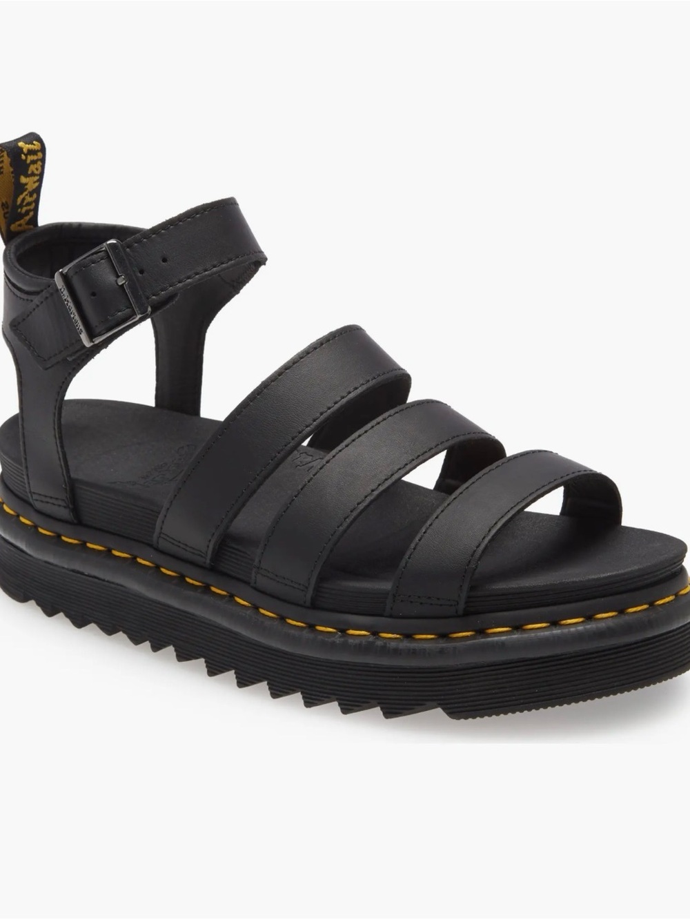 Dr. Martens Black Leather Platform Strappy Sandals with Yellow Stitching